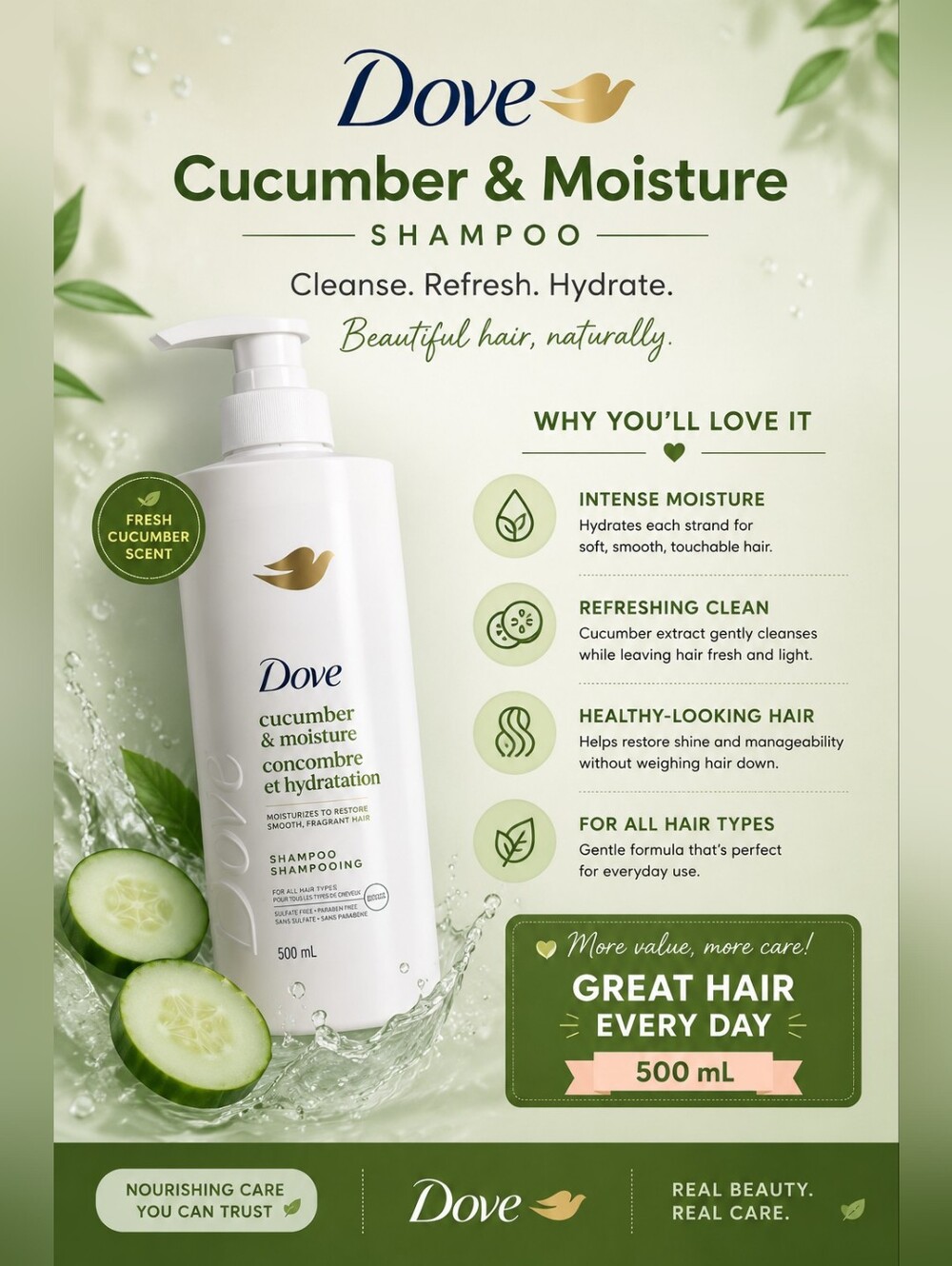 💙 Dove - Cucumber & Moisture Shampoo Large Bottle